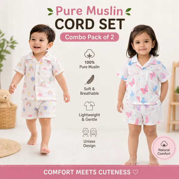 Pure_Muslin_Kids_Printed_Co-Ord_Set_Combo_Pack_(Pack_of_2)_–_Ultra_Soft_Breathable_Cotton_Shirt_&_Shorts_Set_for_Toddlers_(Rainbow_&_Butterfly_Prints,_Unisex)