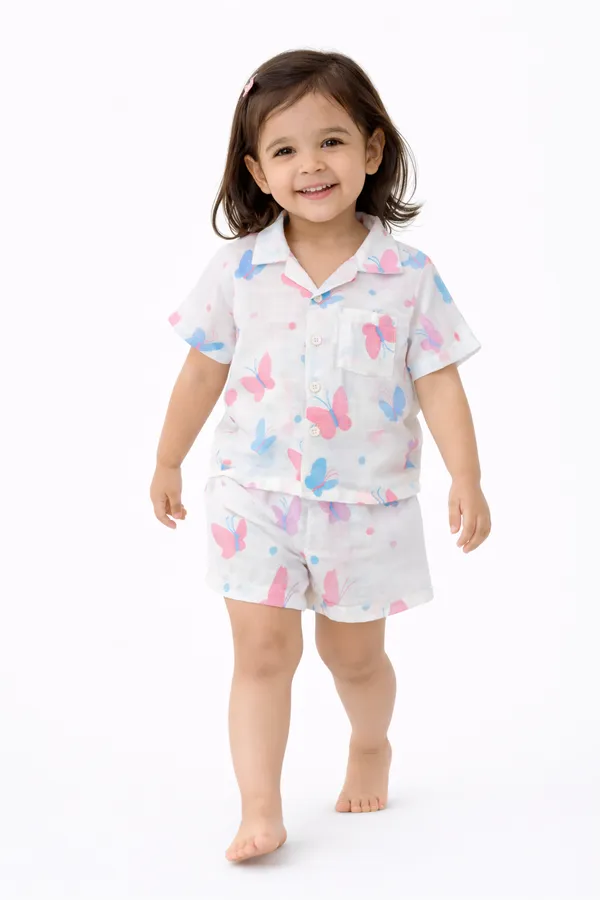 Pure_Muslin_Kids_Printed_Co-Ord_Set_Combo_Pack_(Pack_of_2)_–_Ultra_Soft_Breathable_Cotton_Shirt_&_Shorts_Set_for_Toddlers_(Rainbow_&_Butterfly_Prints,_Unisex)