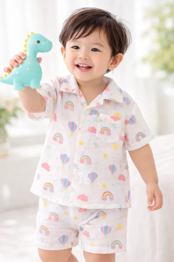 Pure_Muslin_Kids_Printed_Co-Ord_Set_Combo_Pack_(Pack_of_2)_–_Ultra_Soft_Breathable_Cotton_Shirt_&_Shorts_Set_for_Toddlers_(Rainbow_&_Butterfly_Prints,_Unisex)