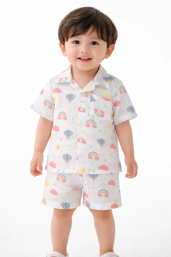Pure_Muslin_Kids_Printed_Co-Ord_Set_Combo_Pack_(Pack_of_2)_–_Ultra_Soft_Breathable_Cotton_Shirt_&_Shorts_Set_for_Toddlers_(Rainbow_&_Butterfly_Prints,_Unisex)