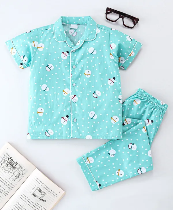 Snowman_Print_Kids_Night_Suit_–_Aqua_Blue