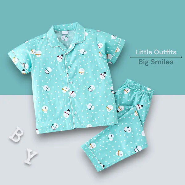 Snowman_Print_Kids_Night_Suit_–_Aqua_Blue
