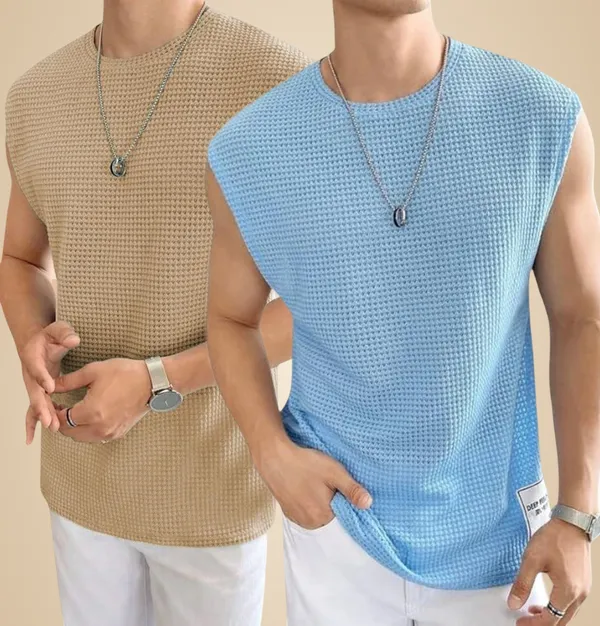 Beige_And_Blue_Cotton_Blend_Self_Design_Round_Neck_T-Shirt_For_Men_(Pack_Of_2)