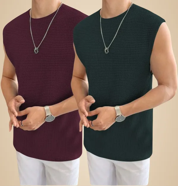 Maroon_And_Green_Cotton_Blend_Self_Design_Round_Neck_T-Shirt_For_Men_(Pack_Of_2)