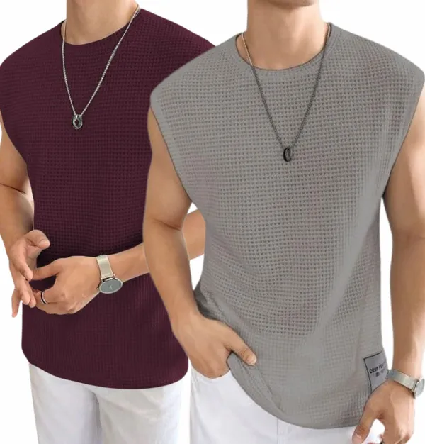 Maroon_And_Grey_Cotton_Blend_Self_Design_Round_Neck_T-Shirt_For_Men_(Pack_Of_2)