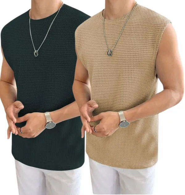 Green_And_Beige_Cotton_Blend_Self_Design_Round_Neck_T-Shirt_For_Men_(Pack_Of_2)