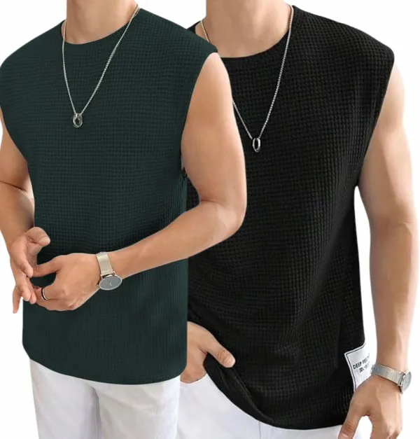 Green_And_Black_Cotton_Blend_Self_Design_Round_Neck_T-Shirt_For_Men_(Pack_Of_2)