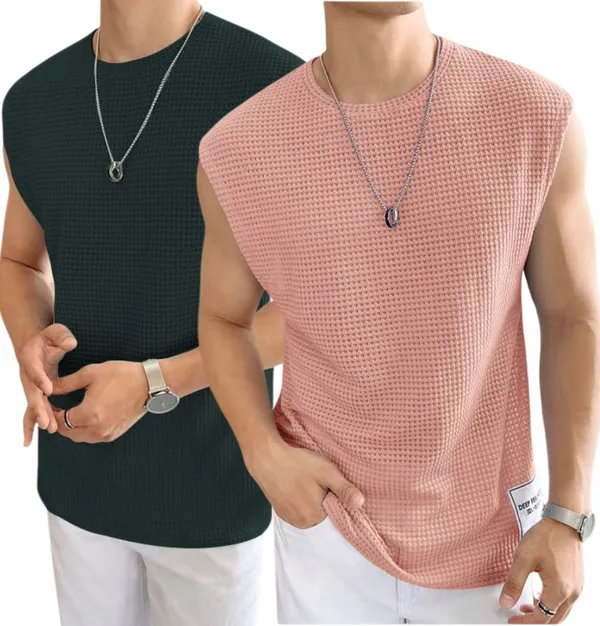 Green_And_Pink_Cotton_Blend_Self_Design_Round_Neck_T-Shirt_For_Men_(Pack_Of_2)