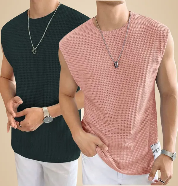 Green_And_Pink_Cotton_Blend_Self_Design_Round_Neck_T-Shirt_For_Men_(Pack_Of_2)