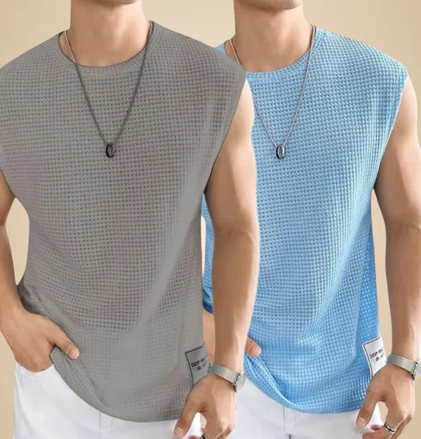 Grey_And_Blue_Cotton_Blend_Self_Design_Round_Neck_T-Shirt_For_Men_(Pack_Of_2)