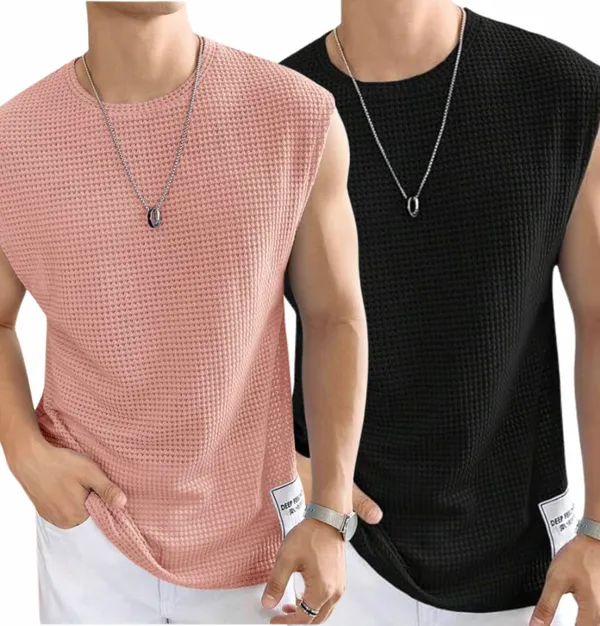 Pink_And_Black_Cotton_Blend_Self_Design_Round_Neck_T-Shirt_For_Men_(Pack_Of_2)