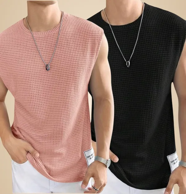 Pink_And_Black_Cotton_Blend_Self_Design_Round_Neck_T-Shirt_For_Men_(Pack_Of_2)