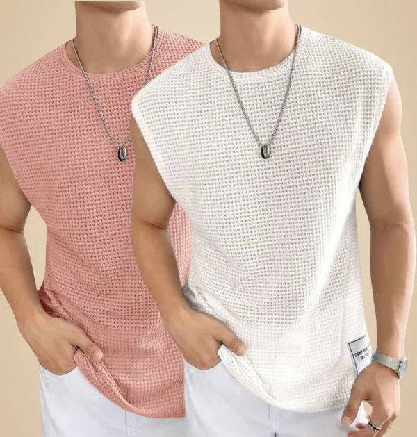 Pink_And_White_Cotton_Blend_Self_Design_Round_Neck_T-Shirt_For_Men_(Pack_Of_2)