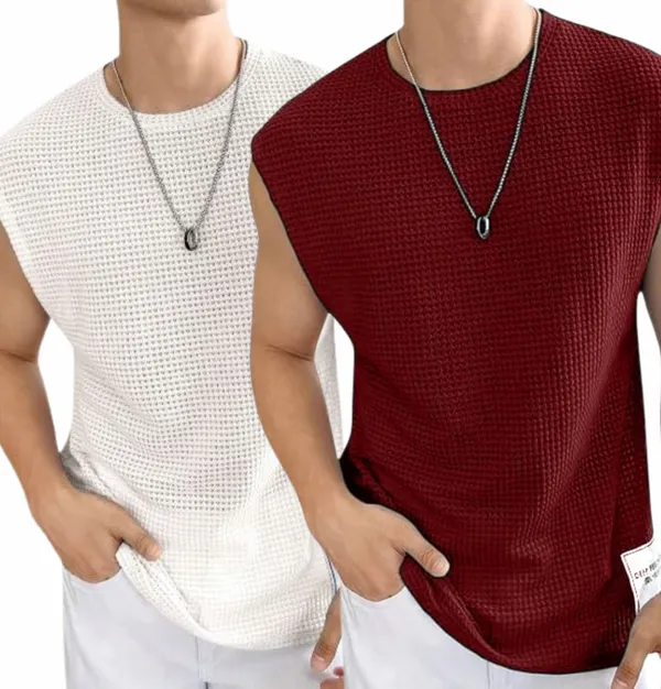 White_And_Maroon_Cotton_Blend_Self_Design_Round_Neck_T-Shirt_For_Men_(Pack_Of_2)