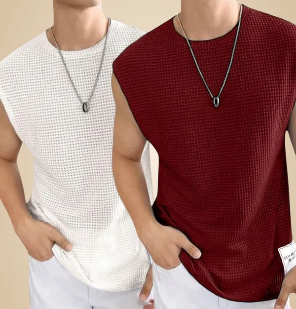 White_And_Maroon_Cotton_Blend_Self_Design_Round_Neck_T-Shirt_For_Men_(Pack_Of_2)
