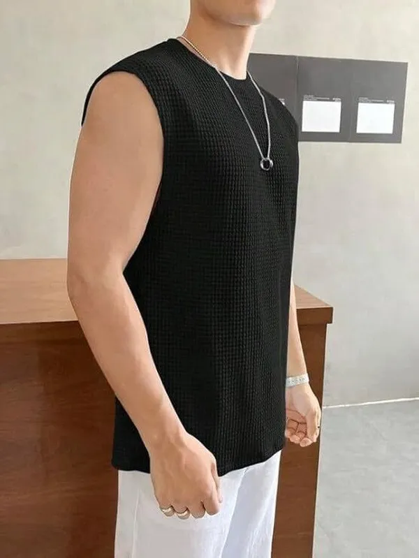 Black_Cotton_Blend_Self_Design_Round_Neck_T-Shirt_For_Men