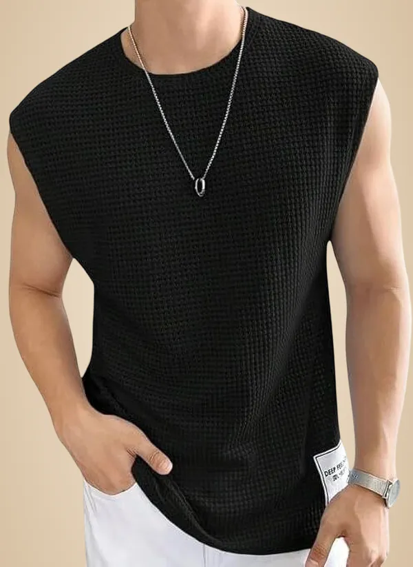 Black_Cotton_Blend_Self_Design_Round_Neck_T-Shirt_For_Men