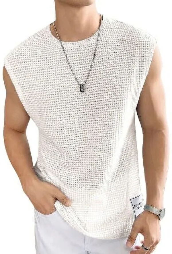 White_Cotton_Blend_Self_Design_Round_Neck_T-Shirt_For_Men