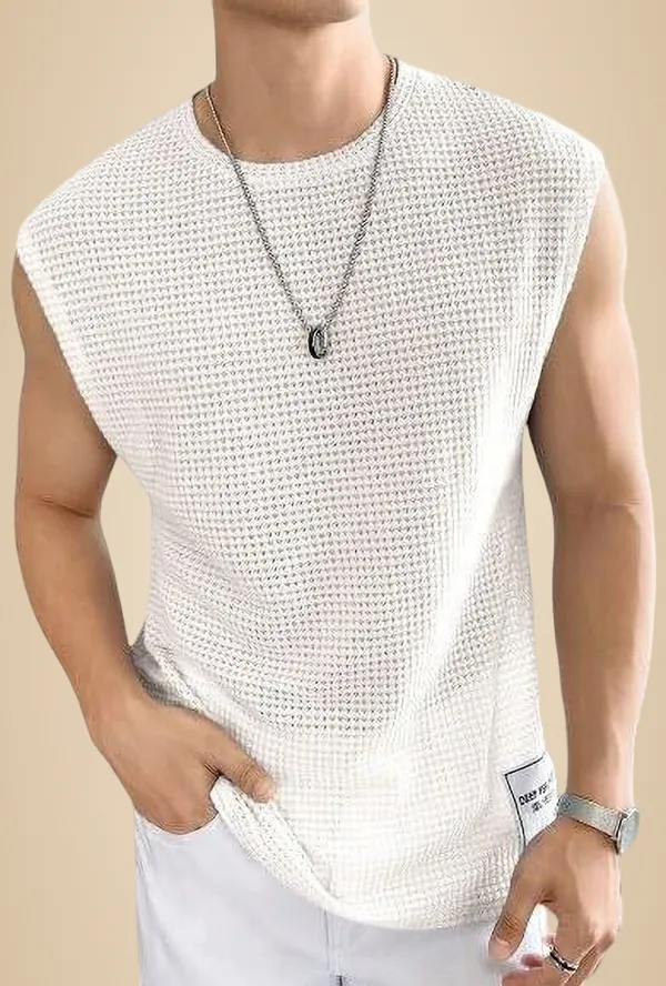 White_Cotton_Blend_Self_Design_Round_Neck_T-Shirt_For_Men