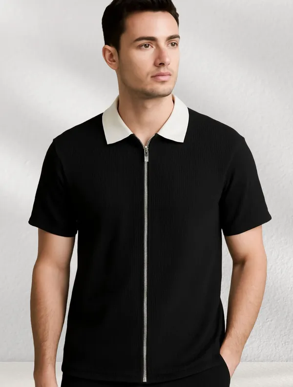 Black_Cotton_Blend_Self_Design_Zip_Neck_T-Shirt_For_Men