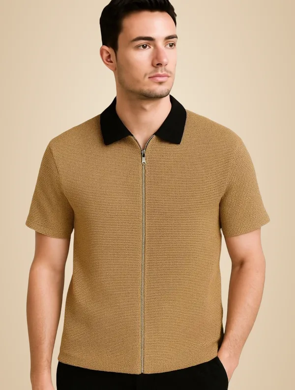 Beige_Cotton_Blend_Self_Design_Zip_Neck_T-Shirt_For_Men