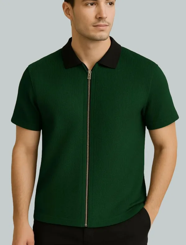 Green_Cotton_Blend_Self_Design_Zip_Neck_T-Shirt_For_Men