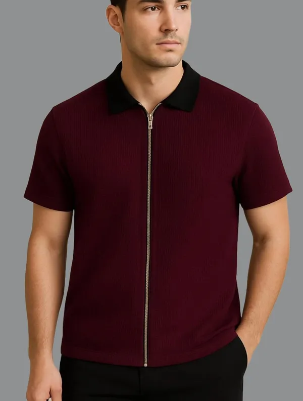Maroon_Cotton_Blend_Self_Design_Zip_Neck_T-Shirt_For_Men