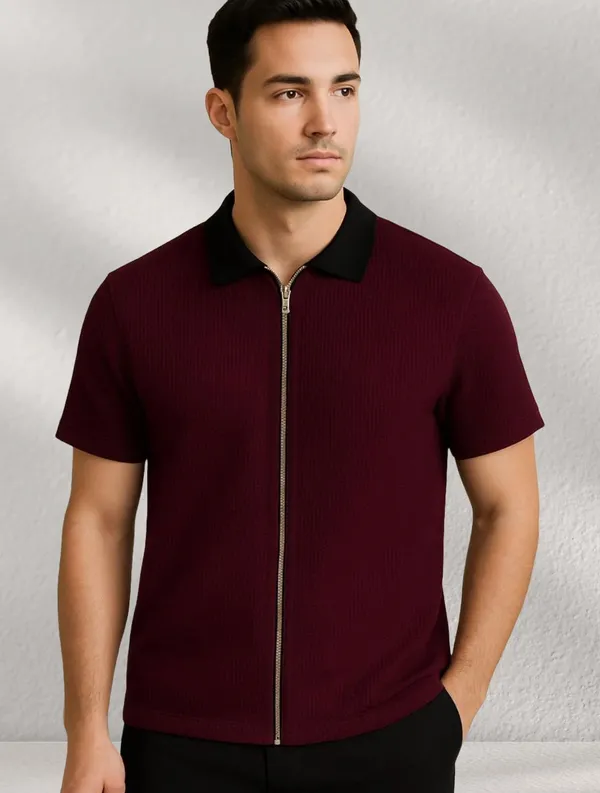 Maroon_Cotton_Blend_Self_Design_Zip_Neck_T-Shirt_For_Men