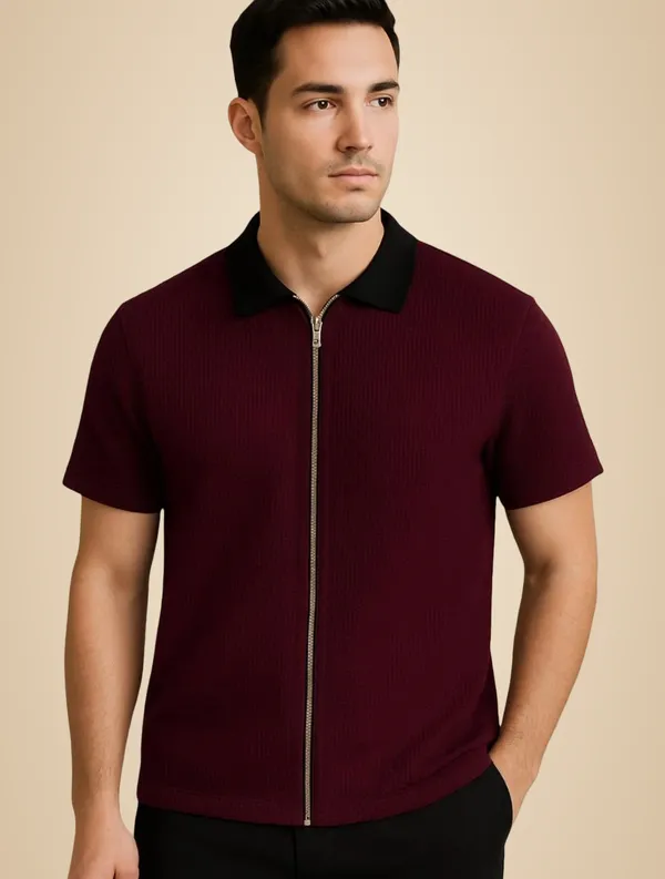 Maroon_Cotton_Blend_Self_Design_Zip_Neck_T-Shirt_For_Men