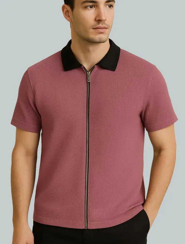 Pink_Cotton_Blend_Self_Design_Zip_Neck_T-Shirt_For_Men