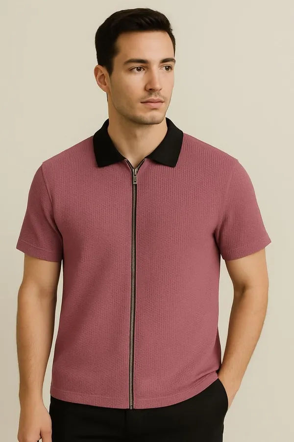 Pink_Cotton_Blend_Self_Design_Zip_Neck_T-Shirt_For_Men