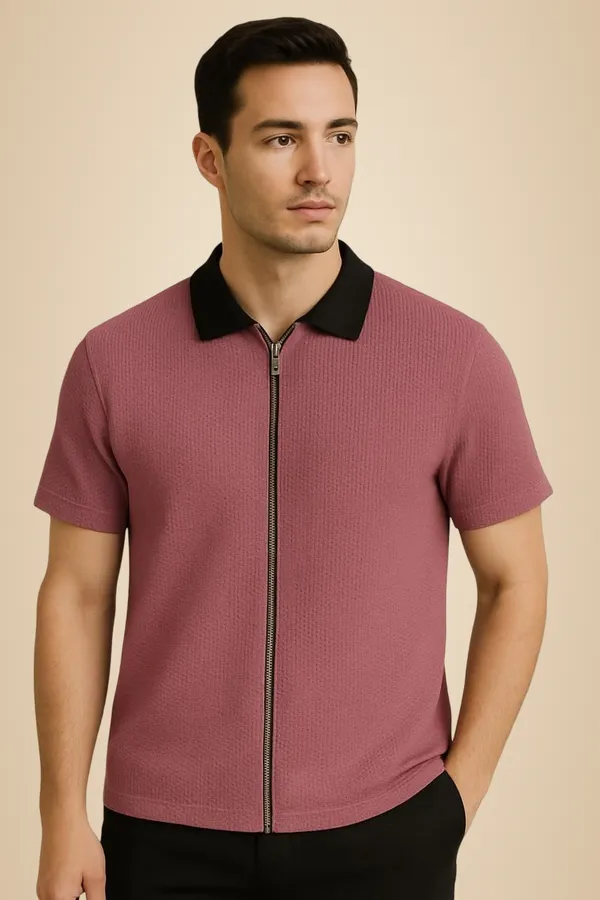 Pink_Cotton_Blend_Self_Design_Zip_Neck_T-Shirt_For_Men