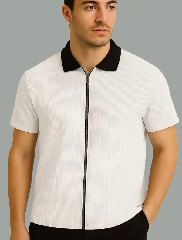 White_Cotton_Blend_Self_Design_Zip_Neck_T-Shirt_For_Men