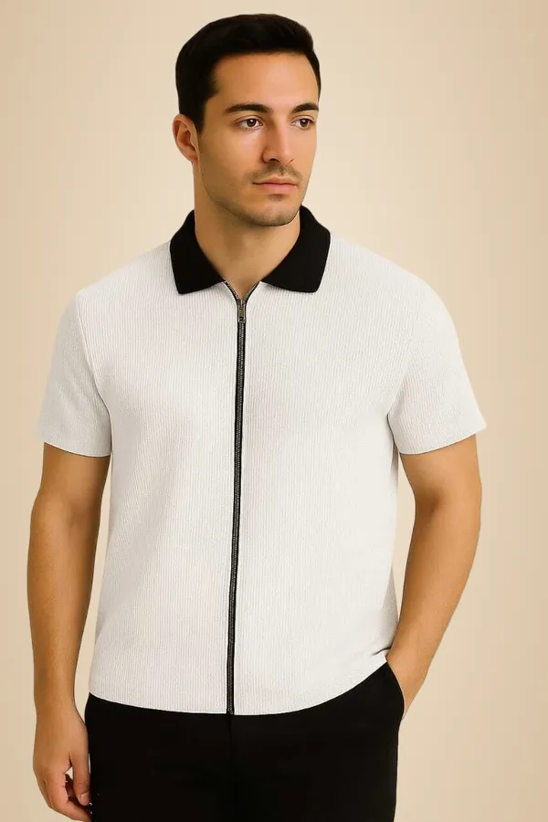White_Cotton_Blend_Self_Design_Zip_Neck_T-Shirt_For_Men
