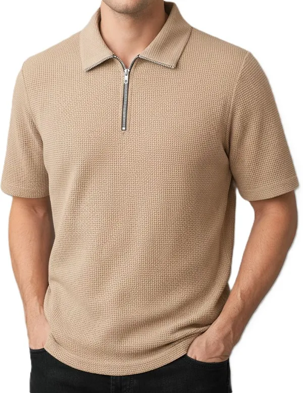 Beige_Cotton_Blend_Self_Design_Zip_Neck_T-Shirt_For_Men