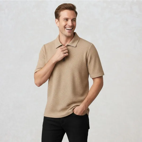 Beige_Cotton_Blend_Self_Design_Zip_Neck_T-Shirt_For_Men