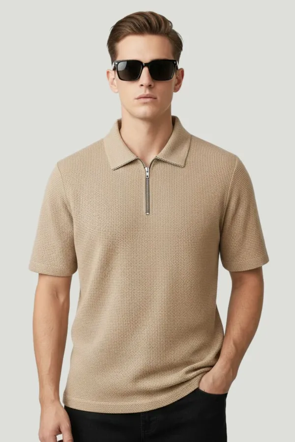 Beige_Cotton_Blend_Self_Design_Zip_Neck_T-Shirt_For_Men