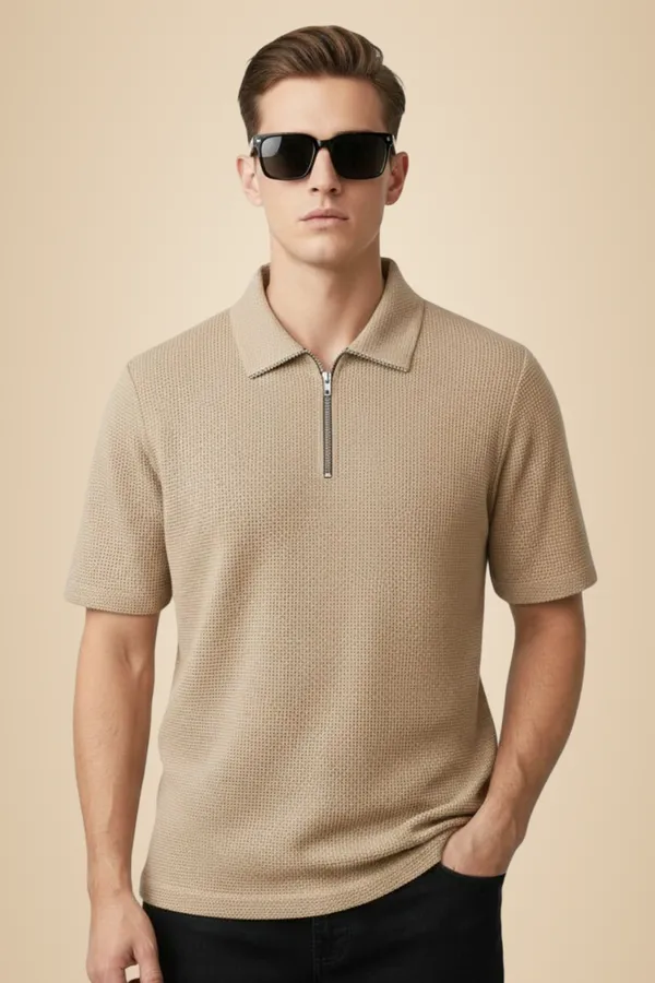 Beige_Cotton_Blend_Self_Design_Zip_Neck_T-Shirt_For_Men