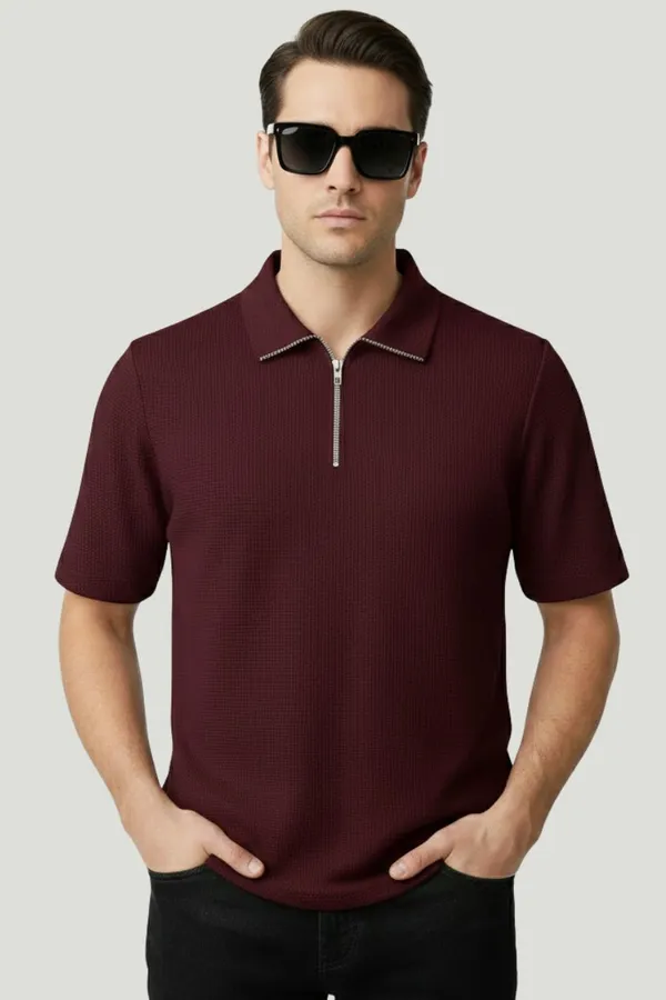 Maroon_Cotton_Blend_Self_Design_Zip_Neck_T-Shirt_For_Men
