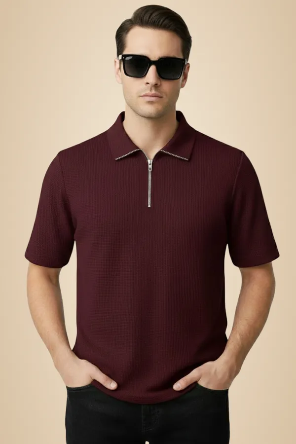 Maroon_Cotton_Blend_Self_Design_Zip_Neck_T-Shirt_For_Men