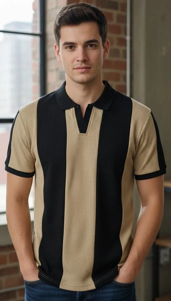 Black_And_Beige_Cotton_Blend_Striped_Self_Design_Solid_Polo_Neck_T-Shirt_For_Men