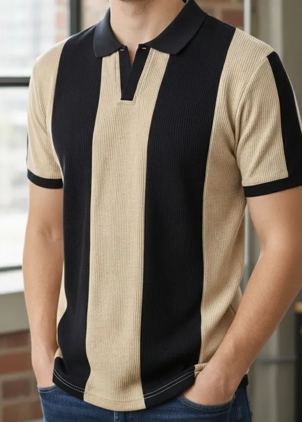 Black_And_Beige_Cotton_Blend_Striped_Self_Design_Solid_Polo_Neck_T-Shirt_For_Men