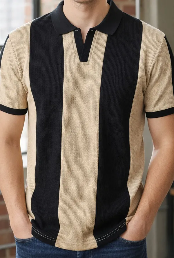 Black_And_Beige_Cotton_Blend_Striped_Self_Design_Solid_Polo_Neck_T-Shirt_For_Men