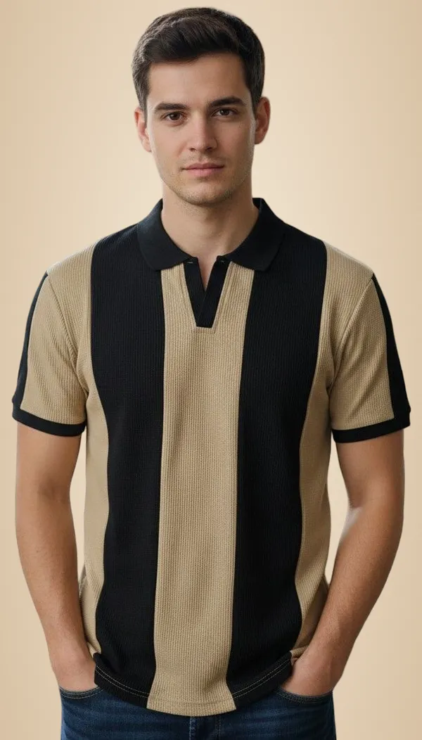 Black_And_Beige_Cotton_Blend_Striped_Self_Design_Solid_Polo_Neck_T-Shirt_For_Men