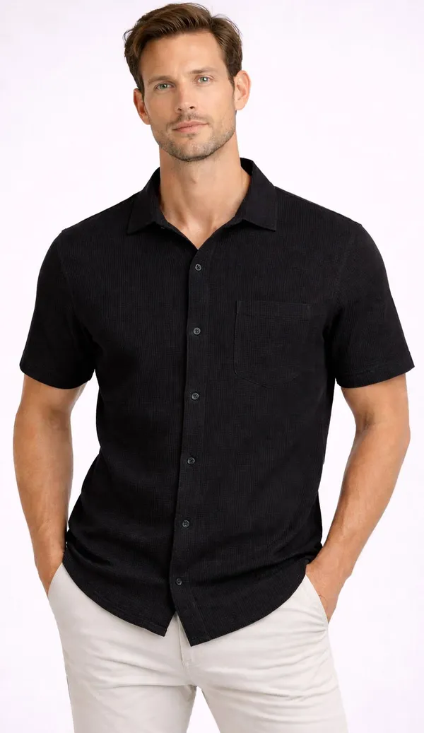 Black_Cotton_Blend_Self_Design_Solid_Shirt_For_Men