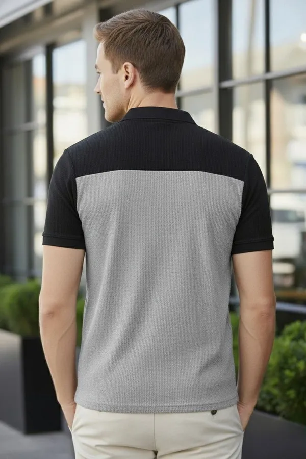 Black_And_Grey_Cotton_Blend_Colorblock_Self_Design_Polo_Neck_T-Shirt_For_Men