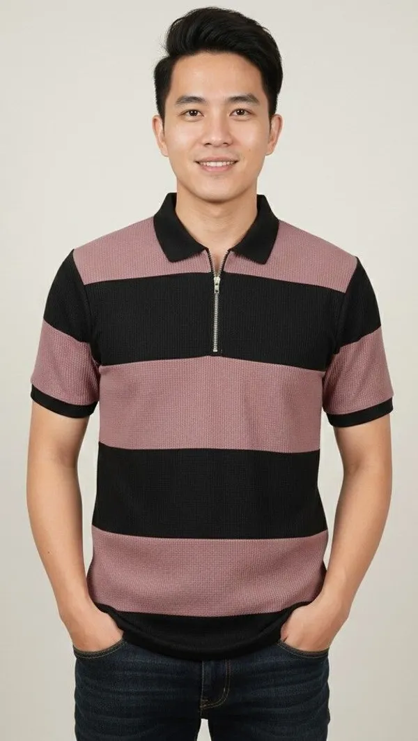 Pink_And_Black_Cotton_Blend_Striped_Self_Design_Colorblock_Polo_Neck_T-Shirt_For_Men