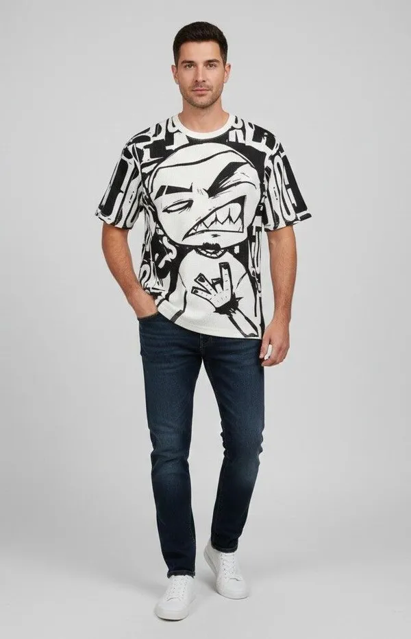 White_And_Black_Cotton_Blend_Graphic_Print_Crew_Neck_T-Shirt_For_Men