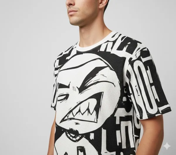 White_And_Black_Cotton_Blend_Graphic_Print_Crew_Neck_T-Shirt_For_Men