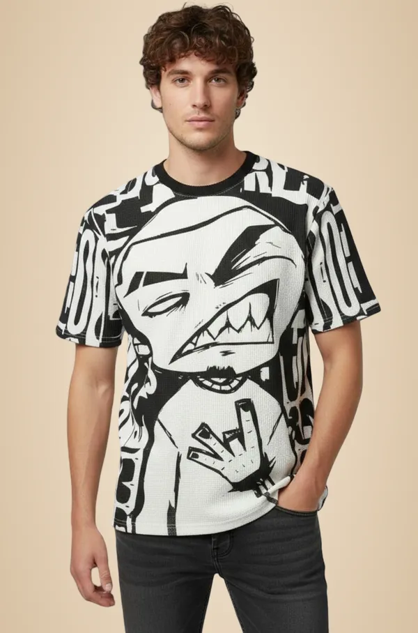 White_And_Black_Cotton_Blend_Graphic_Print_Crew_Neck_T-Shirt_For_Men